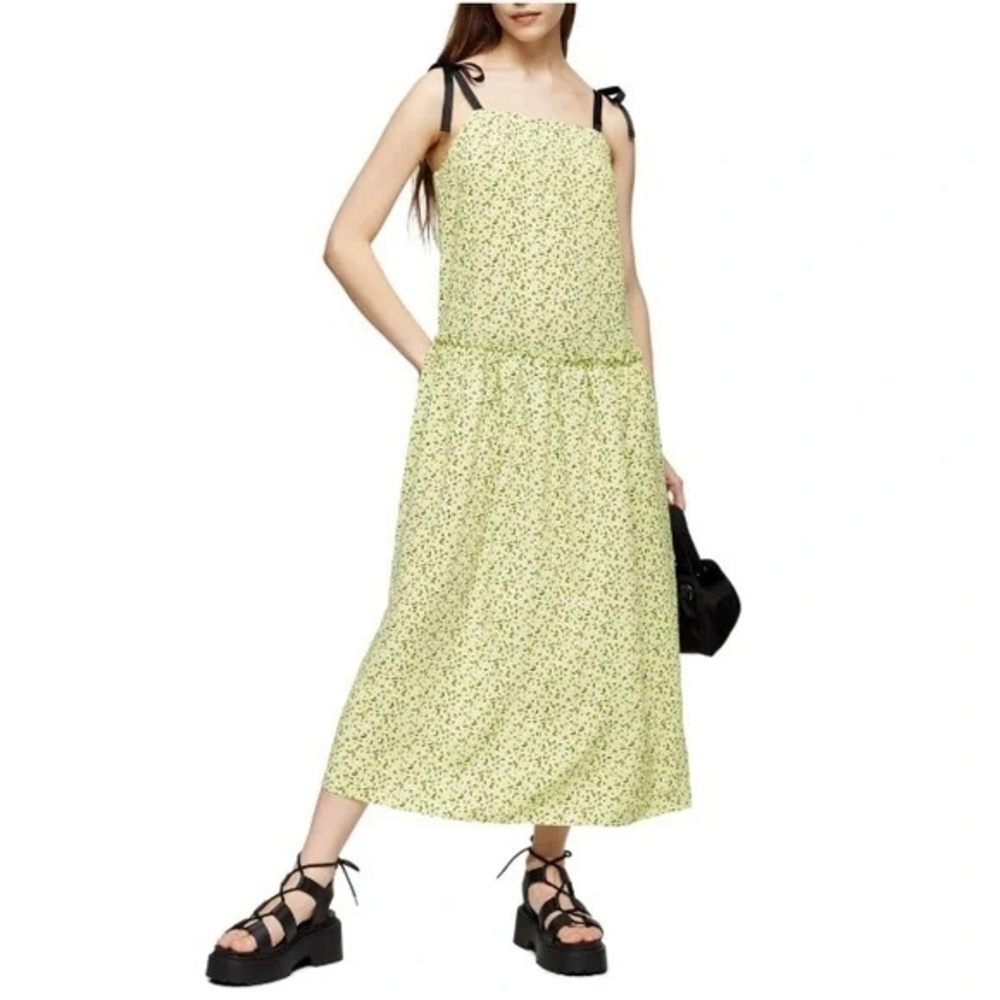 NWT Topshop Lime Floral Print Drop Waist Midi Dress Size 6 Cottagecore Boho